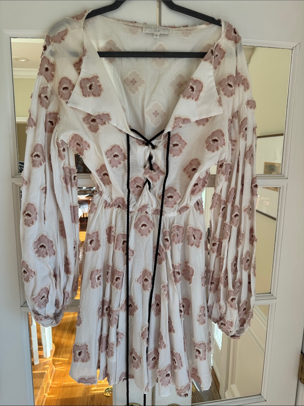 Caroline Constas White Dress with Blush Floral Appliqué and Black Tie